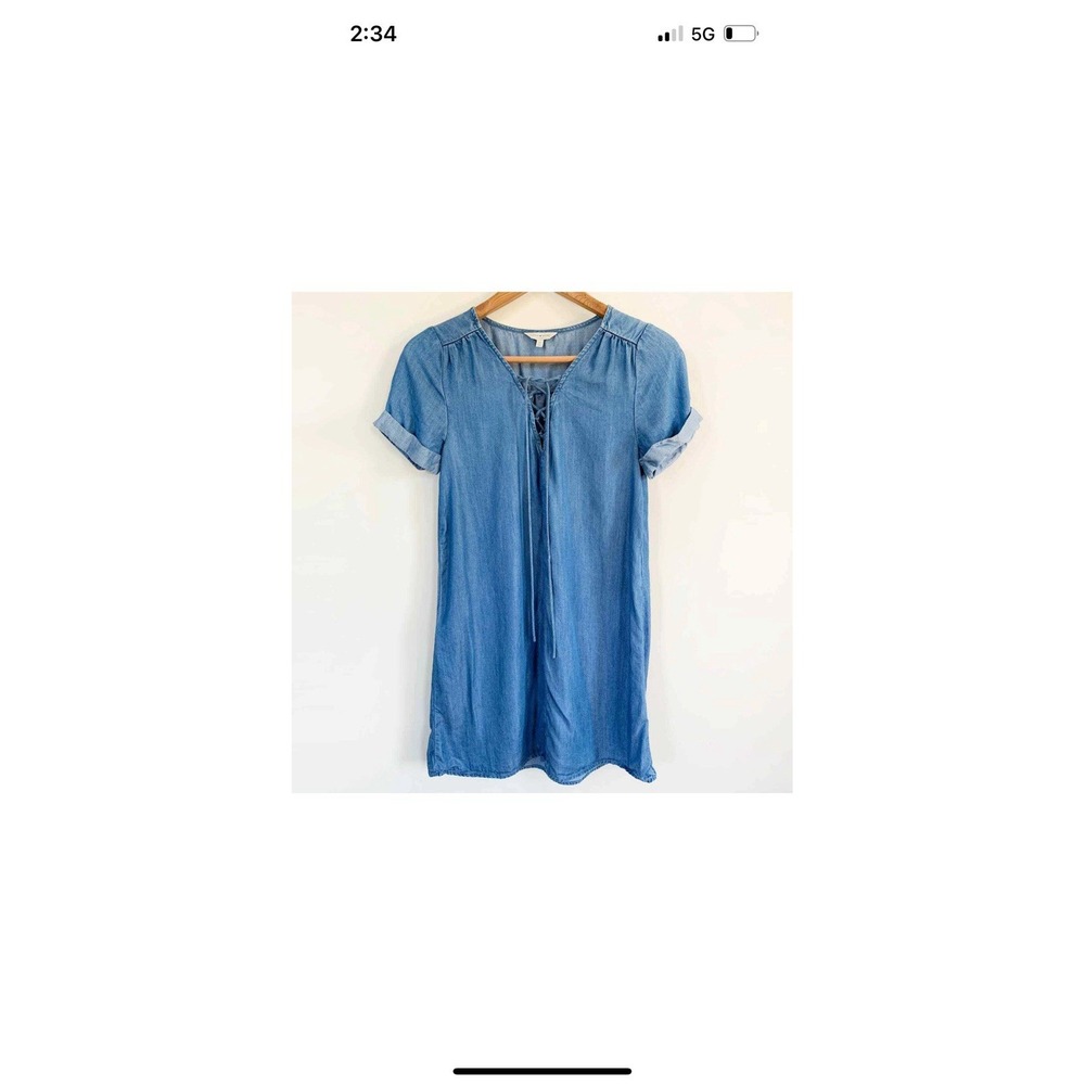 Lucky Brand Chambray Denim Mini Dress Blue V-Neck Short Sleeve Shift Women XS
